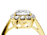 Yellow gold Asscher Cut Diamond Floral Halo Ring with Pavé Band and Prong Setting_7
