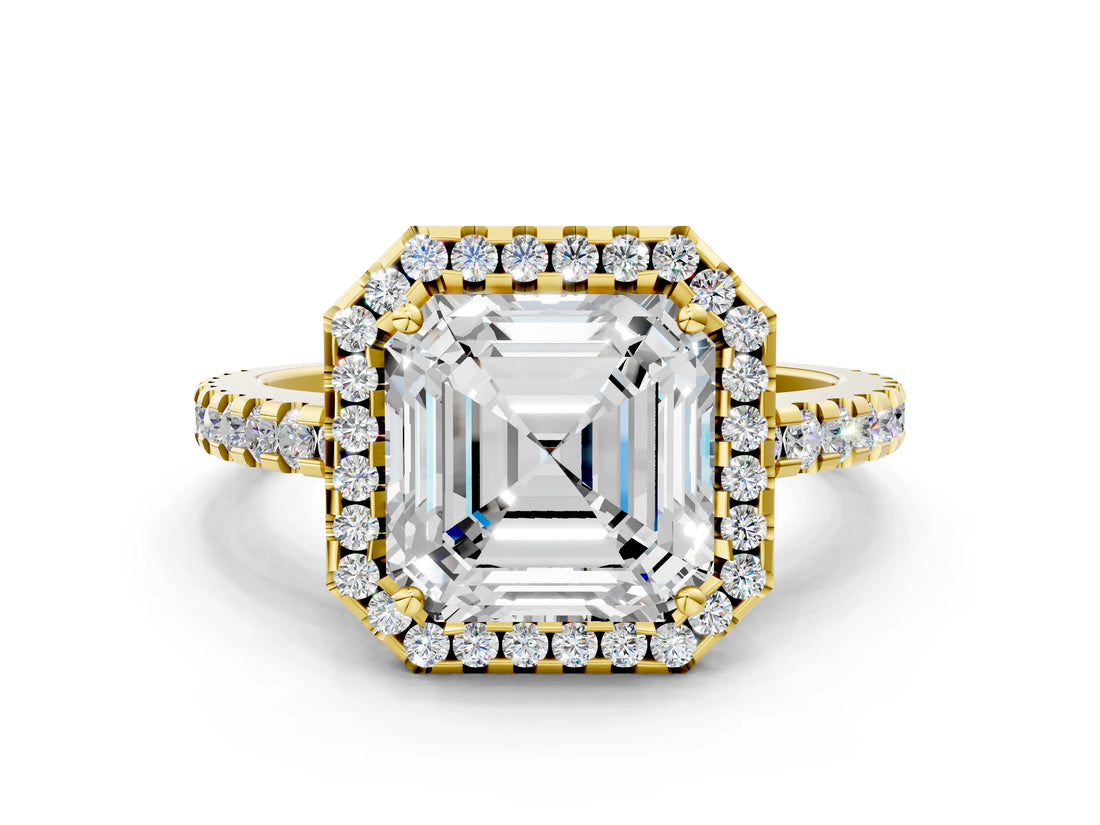 Yellow gold Asscher Cut Diamond Halo Engagement Ring with Pavé Band and Prong Setting_27