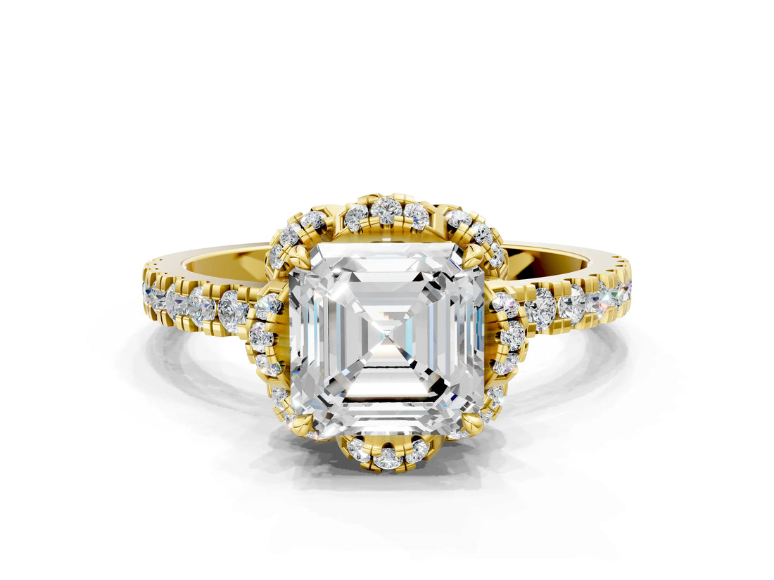 Yellow gold Asscher Cut Diamond Halo Pave Band with Four-Prong Setting_4