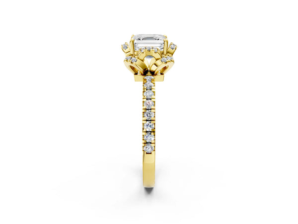 Yellow Gold Asscher Cut Four Petal Floral Halo Engagement Ring Setting