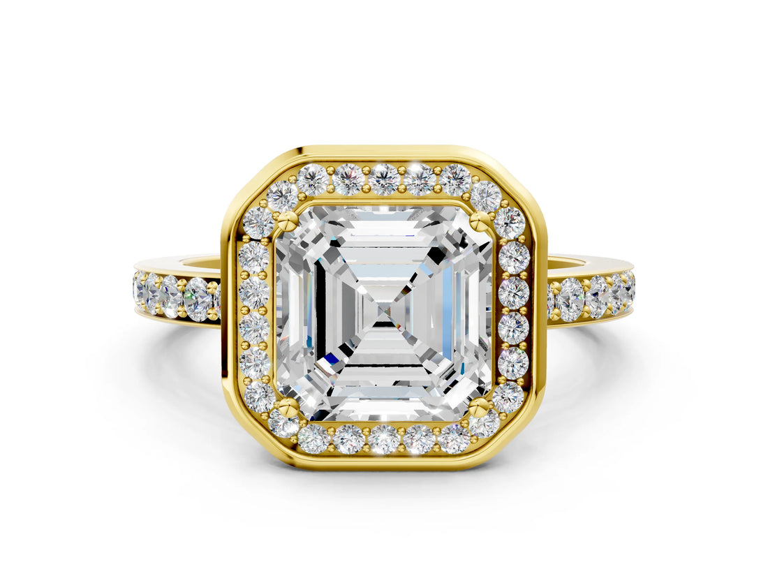 Yellow gold Asscher Cut Diamond Halo Ring with Bezel Frame and Pavé Band_3