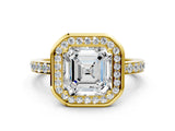 Yellow gold Asscher Cut Diamond Halo Ring with Bezel Frame and Pavé Band_3