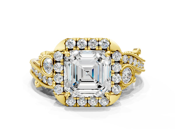 Yellow gold Asscher Cut Diamond Halo Ring with Milgrain Pavé Band and Four-Prong Setting