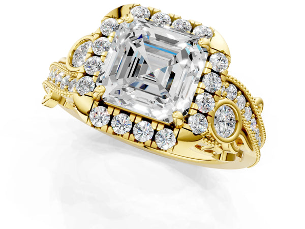 Yellow gold Asscher Cut Diamond Halo Ring with Milgrain Pavé Band and Four-Prong Setting