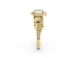 Yellow gold Asscher Cut Diamond Halo Ring with Milgrain Pavé Band and Four-Prong Setting_160