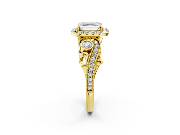 Yellow gold Asscher Cut Diamond Halo Ring with Milgrain Pavé Band and Four-Prong Setting