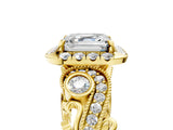Yellow gold Asscher Cut Diamond Halo Ring with Milgrain Pavé Band and Four-Prong Setting_163