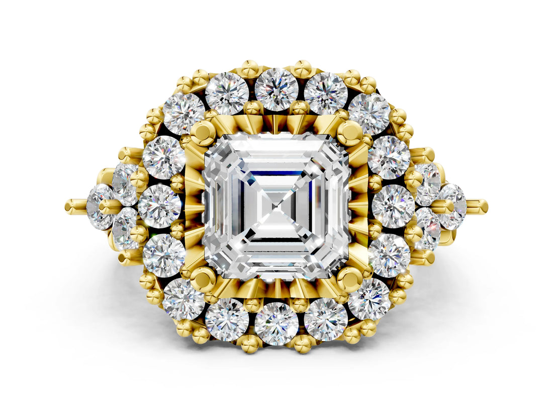 Yellow gold Asscher Cut Diamond Halo Ring with Pavé Band and Four-Prong Setting_23