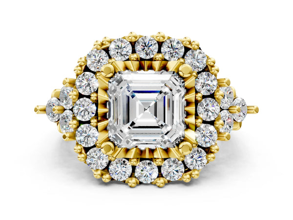 Yellow Gold Asscher Cut Halo Crossover Pave Engagement Ring Setting