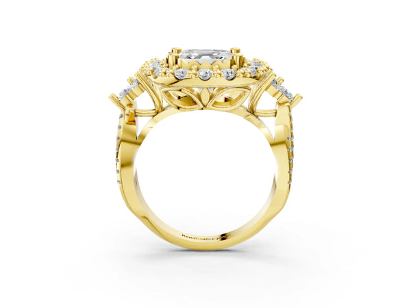 Yellow Gold Asscher Cut Halo Crossover Pave Engagement Ring Setting