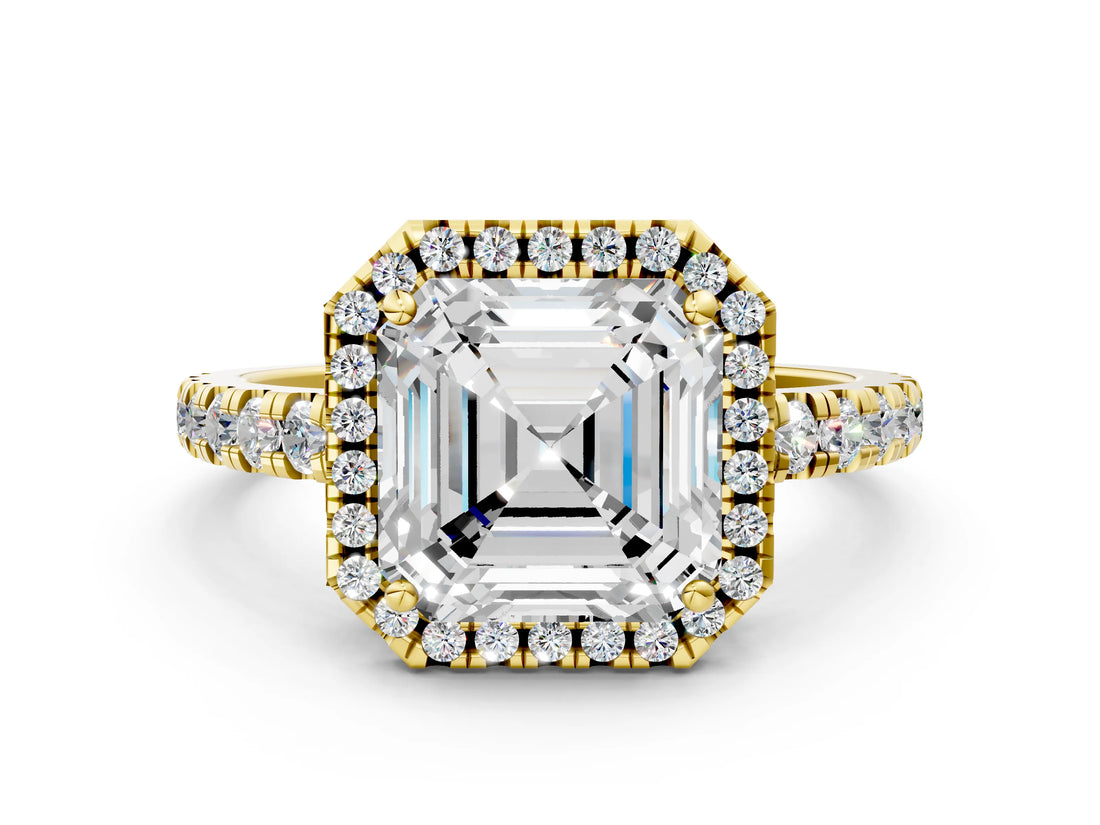 Yellow gold Asscher Cut Diamond Halo Ring with Pavé Band and Four-Prong Setting_7