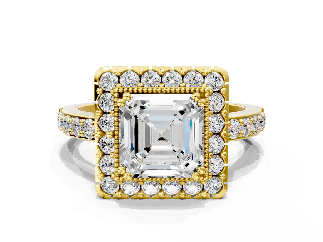 Yellow gold Asscher Cut Diamond Halo Ring with Pavé Band and Prong Setting_7
