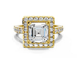Yellow gold Asscher Cut Diamond Halo Ring with Pavé Band and Prong Setting_7