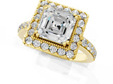 Yellow gold Asscher Cut Diamond Halo Ring with Pavé Band and Prong Setting_8