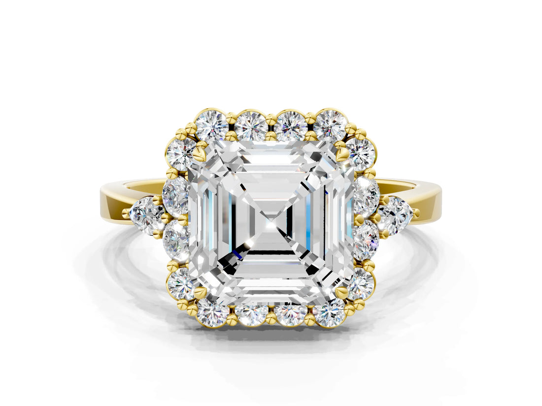Yellow gold Asscher Cut Diamond Halo Ring with Pear Side Stones and Prong Setting_41