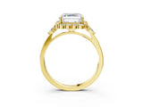 Yellow gold Asscher Cut Diamond Halo Ring with Pear Side Stones and Prong Setting_44