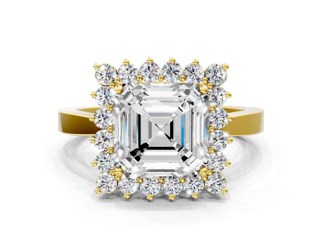 Yellow gold Asscher Cut Diamond Halo Ring with Round Brilliant Halo and Solitaire Band_40