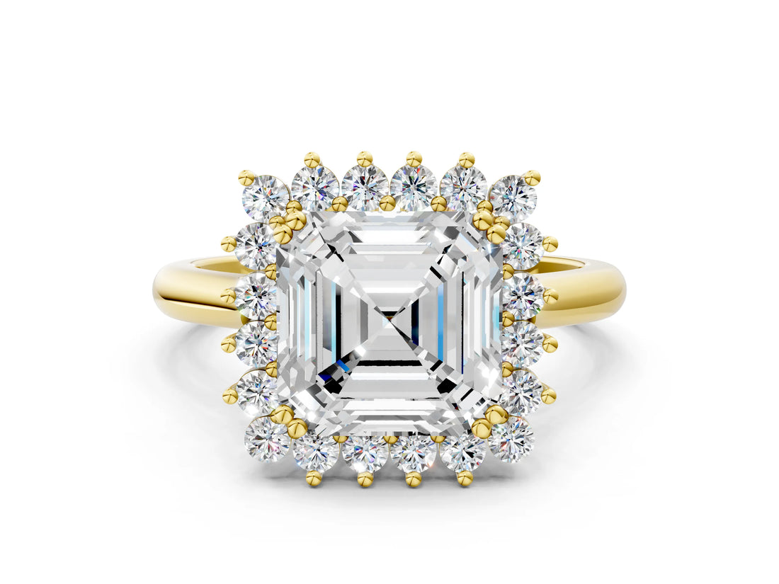 Yellow gold Asscher Cut Diamond Halo Ring with Solitaire Band and Prong Setting_74