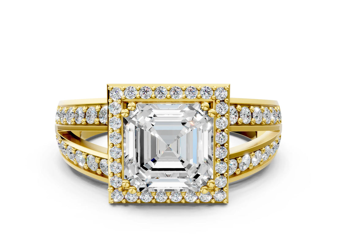 Yellow gold Asscher Cut Diamond Halo Ring with Split Shank Pavé Band and Four-Prong Setting_3