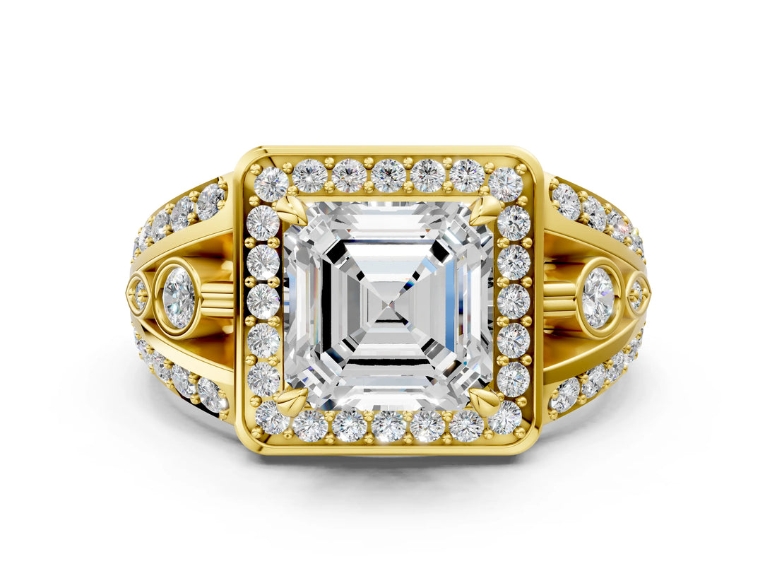 Yellow gold Asscher Cut Diamond Halo Ring with Split Shank and Bezel Accents and Four-Prong Setting_13