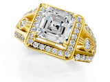 Yellow gold Asscher Cut Diamond Halo Ring with Split Shank and Bezel Accents and Four-Prong Setting_14