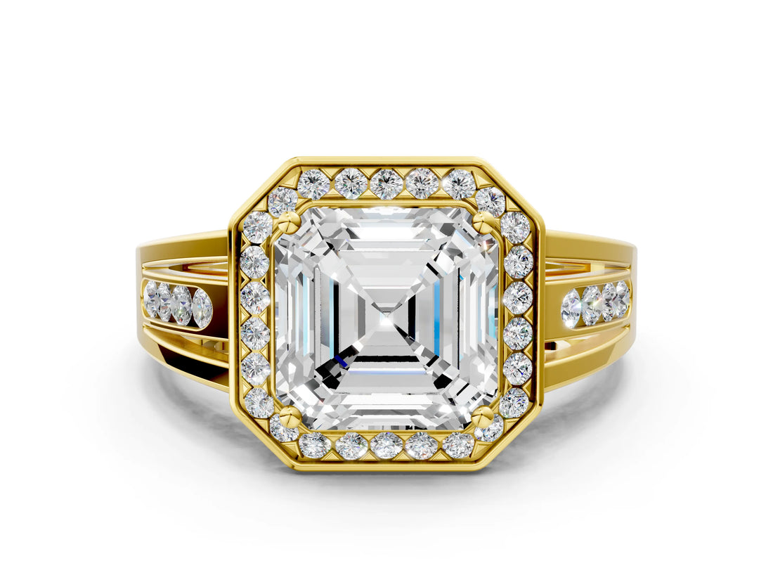 Yellow gold Asscher Cut Diamond Halo Ring with Split Shank and Bezel Accents and Prong Setting_10