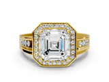 Yellow gold Asscher Cut Diamond Halo Ring with Split Shank and Bezel Accents and Prong Setting_10