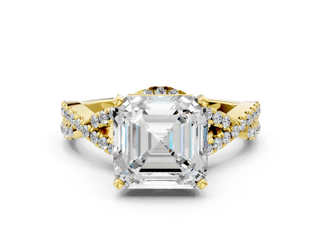 Yellow gold Asscher Cut Diamond  Halo Twist Band Solitaire Prong Setting Ring_23