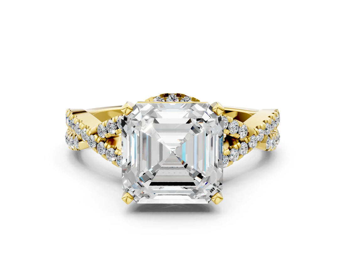 Yellow gold Asscher Cut Diamond  Halo Twist Band Solitaire Prong Setting Ring_42