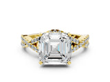 Yellow gold Asscher Cut Diamond  Halo Twist Band Solitaire Prong Setting Ring_42