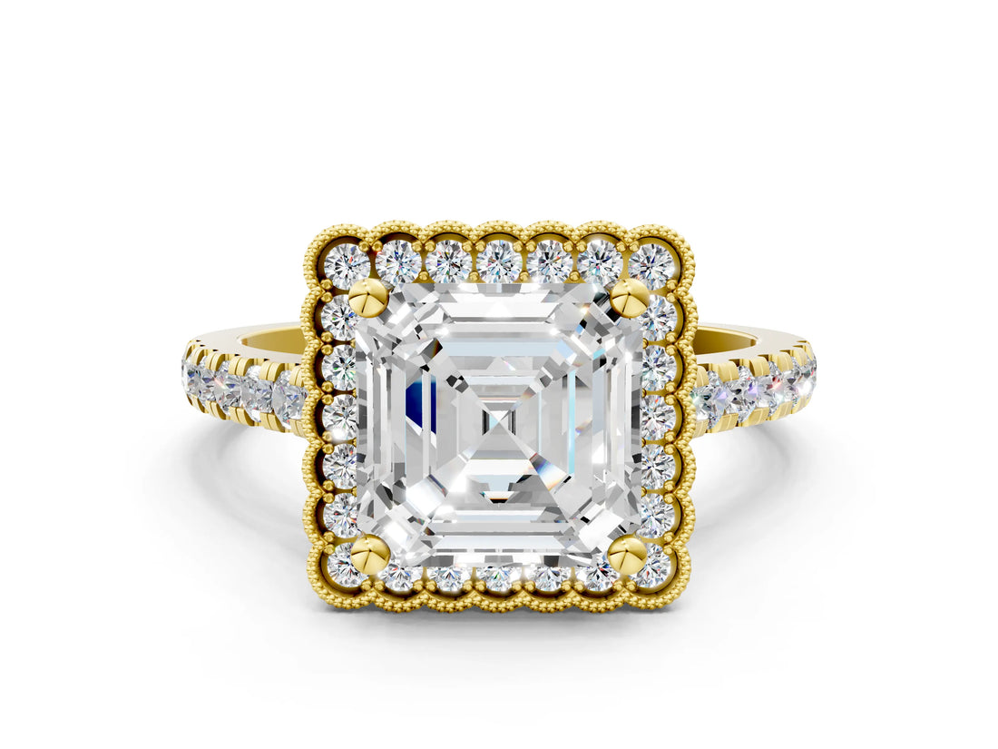 Yellow gold Asscher Cut Diamond Milgrain Floral Halo Engagement Ring with Pavé Band_21