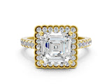 Yellow gold Asscher Cut Diamond Milgrain Floral Halo Engagement Ring with Pavé Band_21