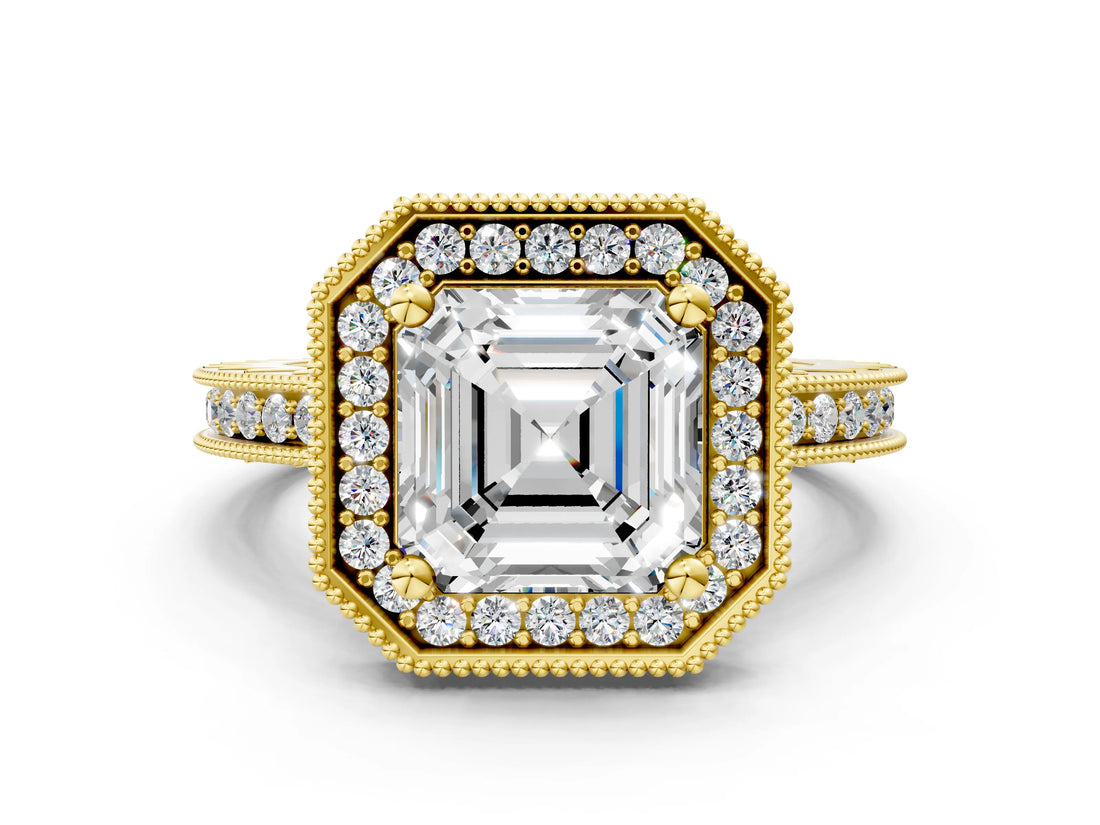 Yellow gold Asscher Cut Diamond Milgrain Halo Engagement Ring with Round Pavé Band and Prong Setting_12