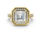 Yellow gold Asscher Cut Diamond Milgrain Halo Engagement Ring with Round Pavé Band and Prong Setting_12