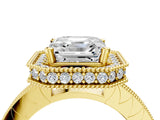 Yellow gold Asscher Cut Diamond Milgrain Halo Engagement Ring with Round Pavé Band and Prong Setting_16