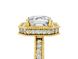 Yellow gold Asscher Cut Diamond Milgrain Halo Engagement Ring with Round Pavé Band and Prong Setting_17