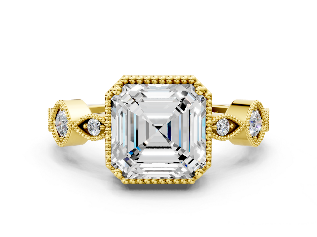Yellow gold Asscher Cut Diamond Milgrain Marquise Band with Prong Setting_3