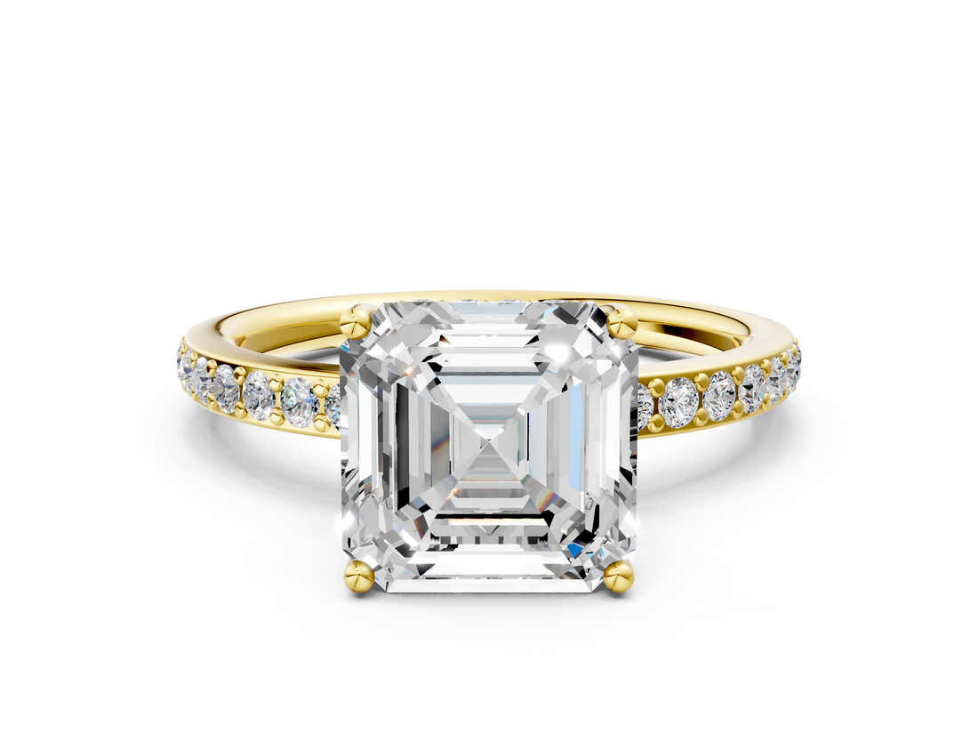 Yellow gold Asscher Cut Diamond Pavé Band Ring with Four-Prong Setting_23