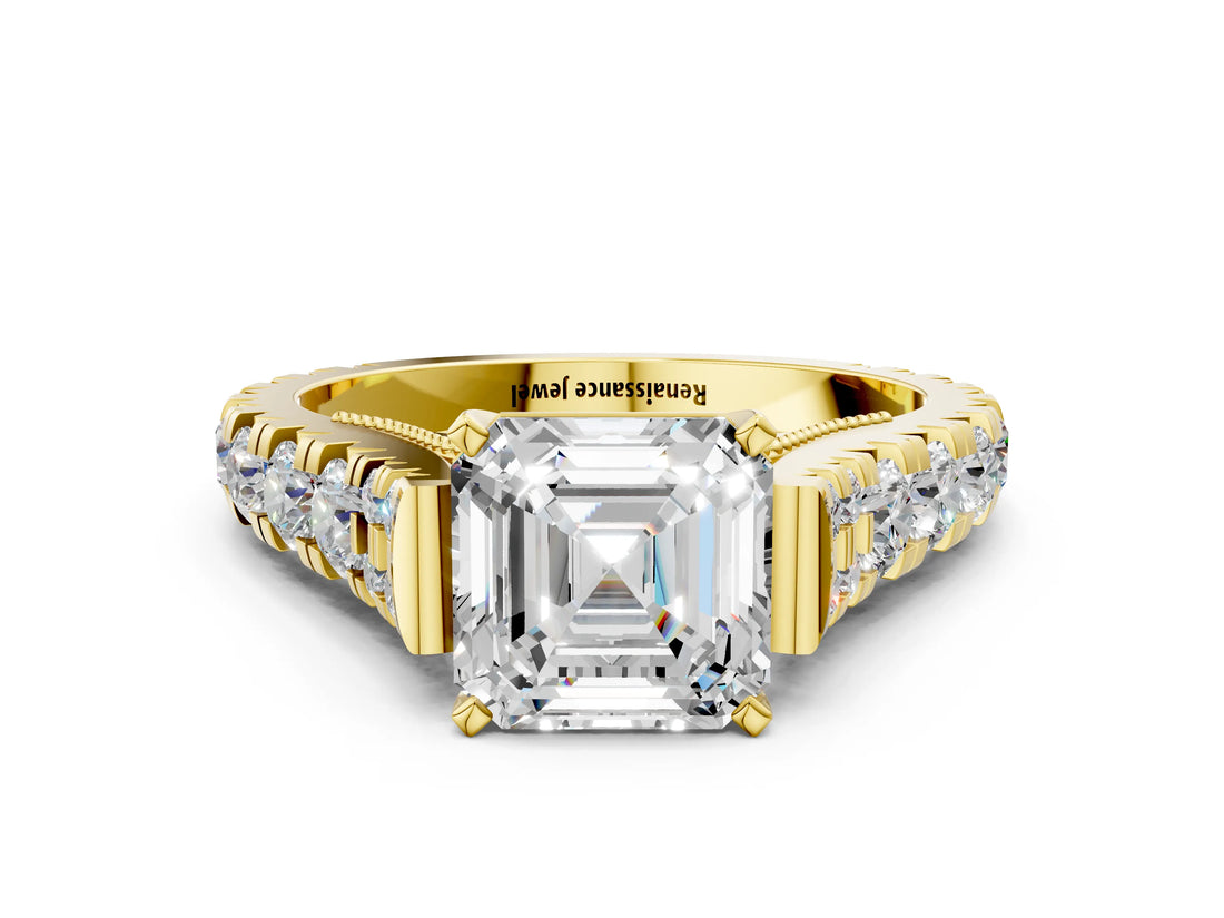Yellow gold Asscher Cut Diamond Pavé Band Solitaire with Four-Prong Setting_16
