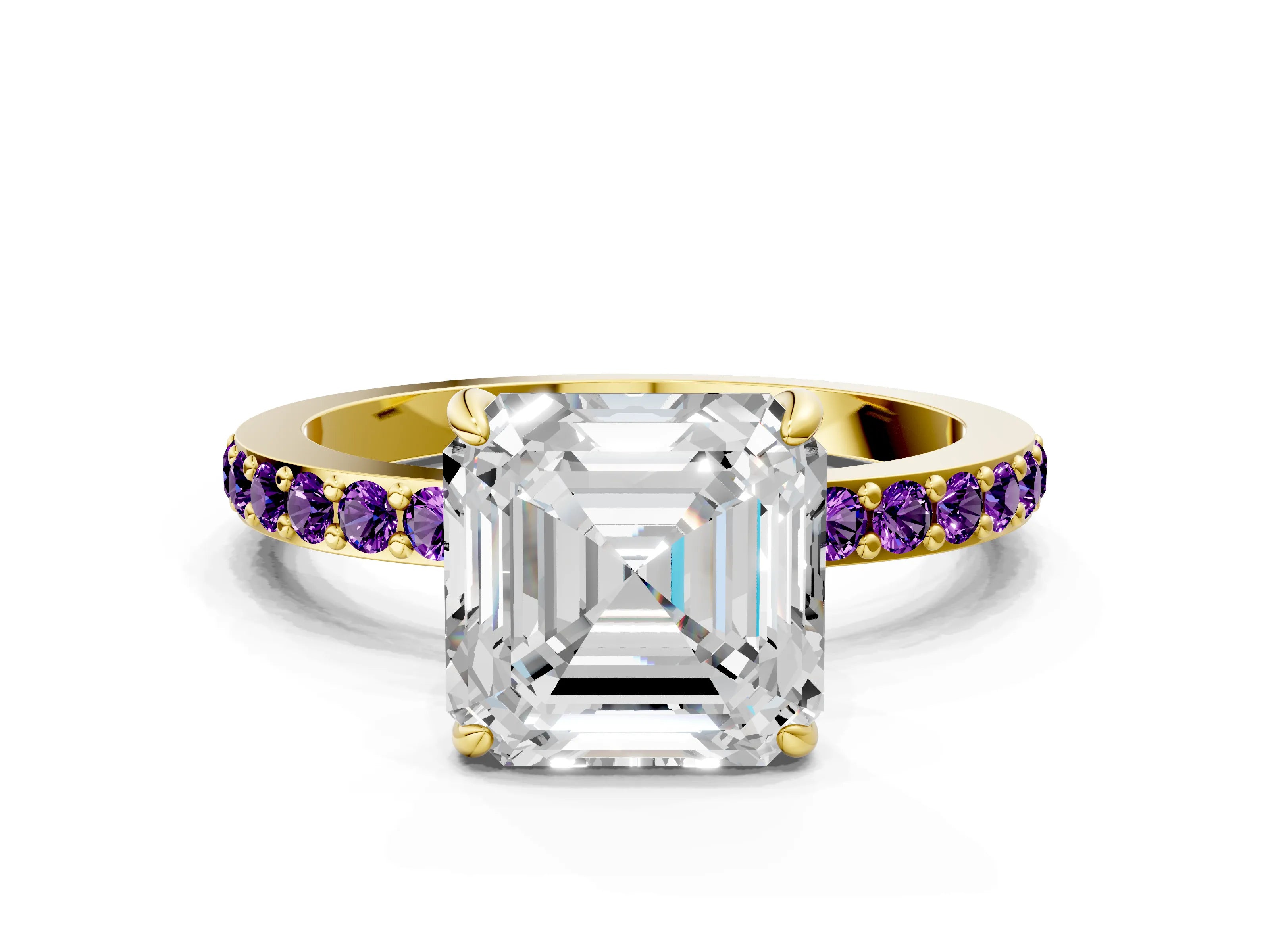 Yellow gold Asscher Cut Diamond Pavé Engagement Ring with Round with Amethyst side stone Accents and Prong Setting