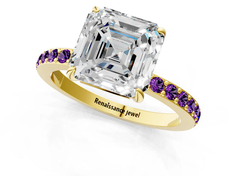 Yellow gold Asscher Cut Diamond Pavé Engagement Ring with Round with Amethyst side stone Accents and Prong Setting_1