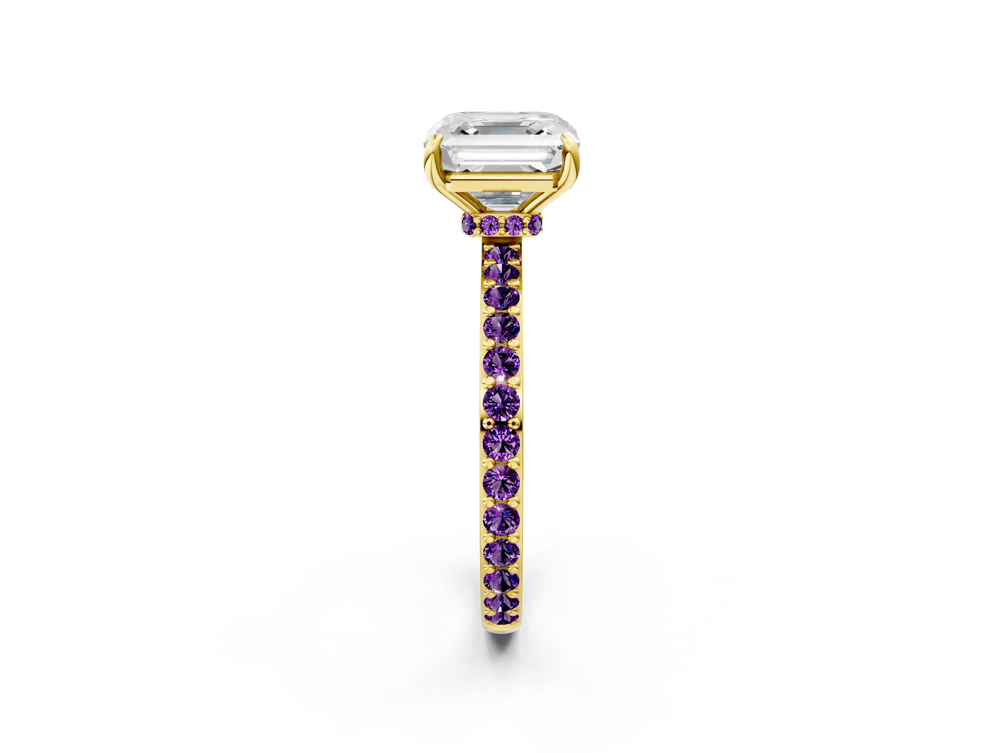 Yellow gold Asscher Cut Diamond Pavé Engagement Ring with Round with Amethyst side stone Accents and Prong Setting_2