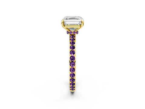 Yellow gold Asscher Cut Diamond Pavé Engagement Ring with Round with Amethyst side stone Accents and Prong Setting_2