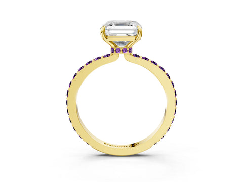 Yellow gold Asscher Cut Diamond Pavé Engagement Ring with Round with Amethyst side stone Accents and Prong Setting_3