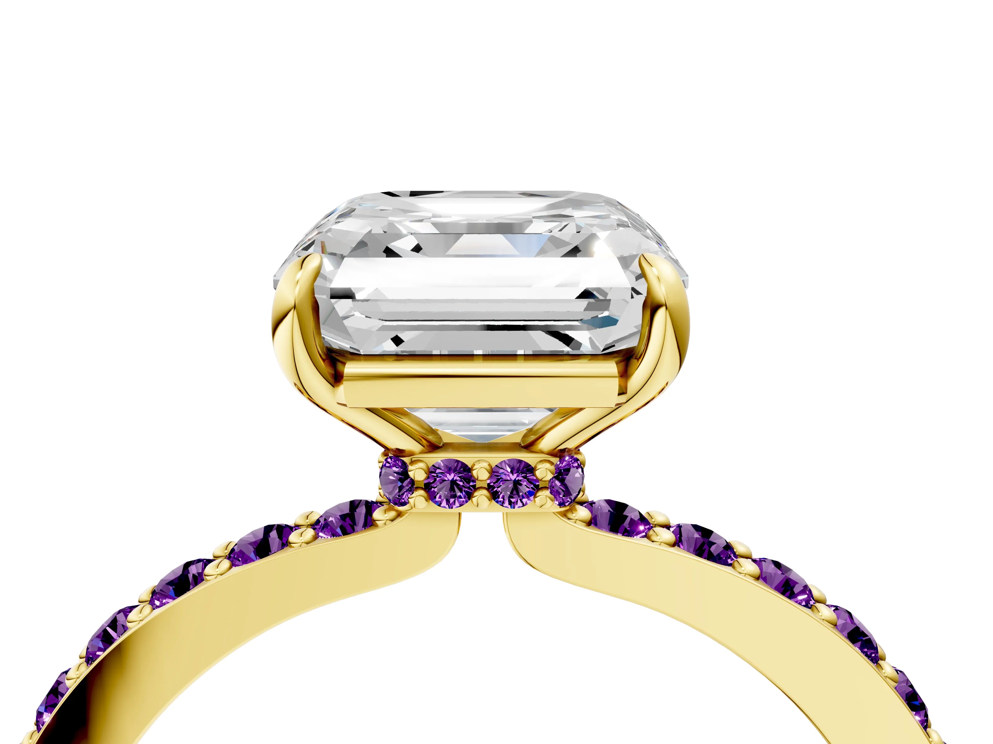Yellow gold Asscher Cut Diamond Pavé Engagement Ring with Round with Amethyst side stone Accents and Prong Setting_4