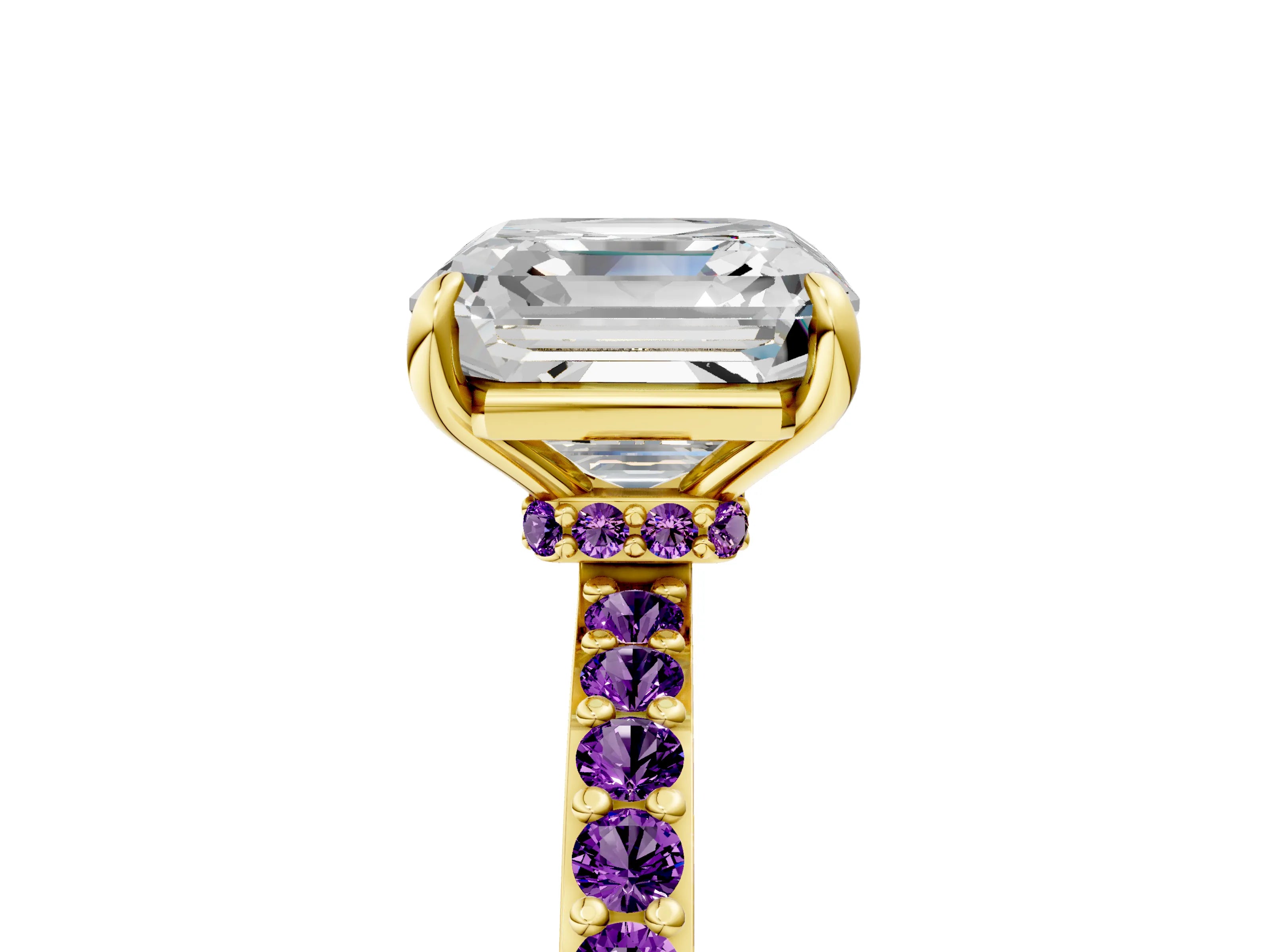 Yellow gold Asscher Cut Diamond Pavé Engagement Ring with Round with Amethyst side stone Accents and Prong Setting_5