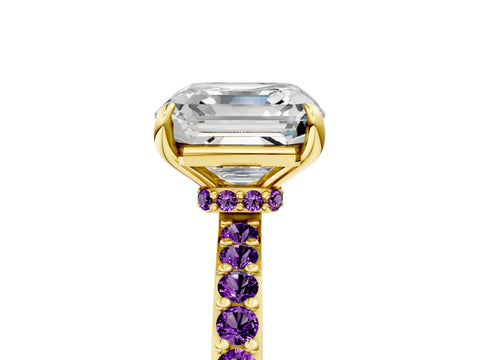 Yellow gold Asscher Cut Diamond Pavé Engagement Ring with Round with Amethyst side stone Accents and Prong Setting_5
