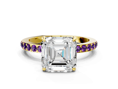 Yellow gold Asscher Cut Diamond Pavé Engagement Ring with Round with Amethyst side stone Accents and Prong Setting