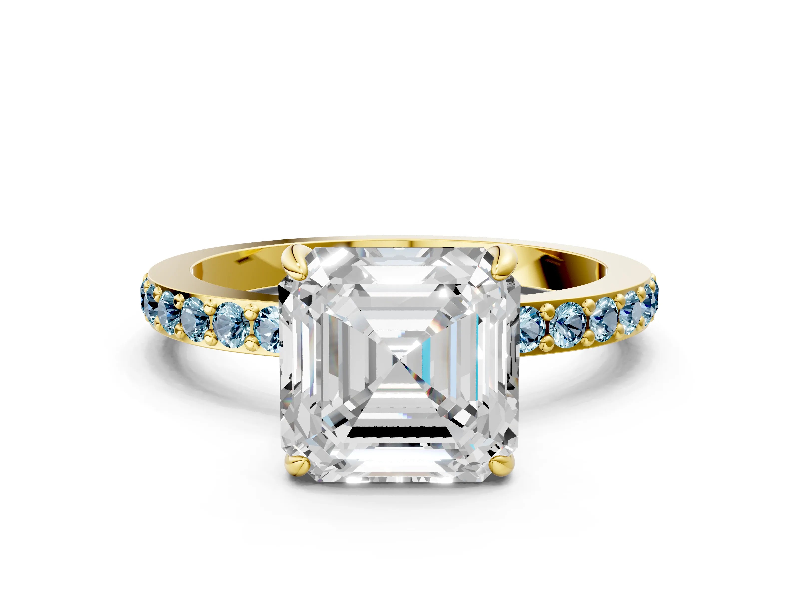 Yellow gold Asscher Cut Diamond Pavé Engagement Ring with Round with Aquamarine side stone Accents and Prong Setting