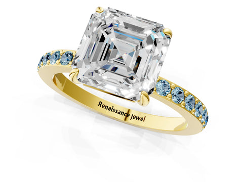 Yellow gold Asscher Cut Diamond Pavé Engagement Ring with Round with Aquamarine side stone Accents and Prong Setting_1